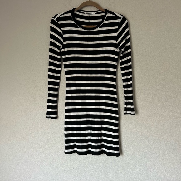 Reformation Jeanne Ribbed Long Sleeve Dress in Black and White Stripe - Picture 3 of 6